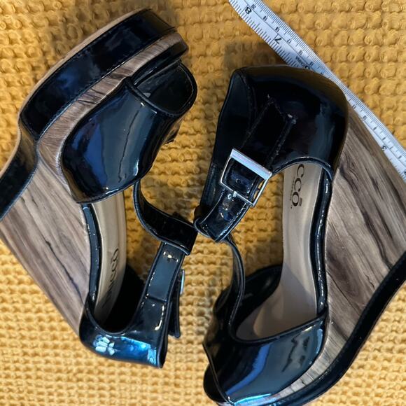 Black Patent Leather Faux Wood Grain Peep Toe SZ.8. High heel Wedge 5"  Italian - Picture 12 of 14